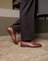 Harmain Leathers- Reddish Brown Pebble Grain Horsebit Loafers