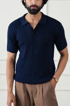 The Cable Knit Polo | Navy Blue Short Sleeve Sweater Shirt | Premium Texture
