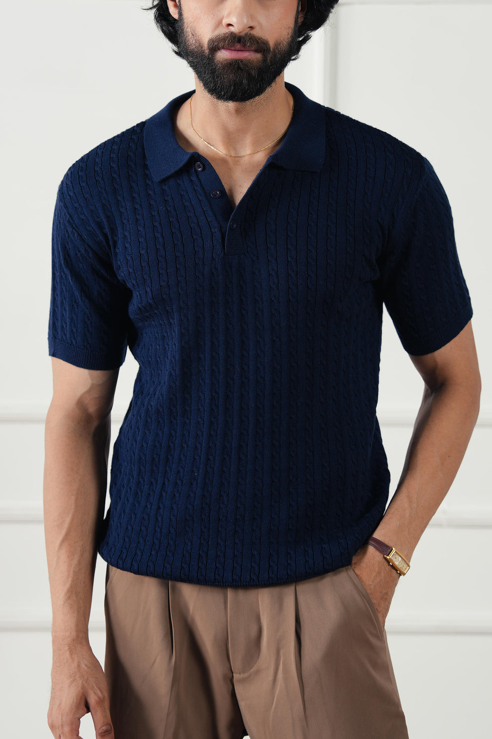 The Cable Knit Polo | Navy Blue Short Sleeve Sweater Shirt | Premium Texture