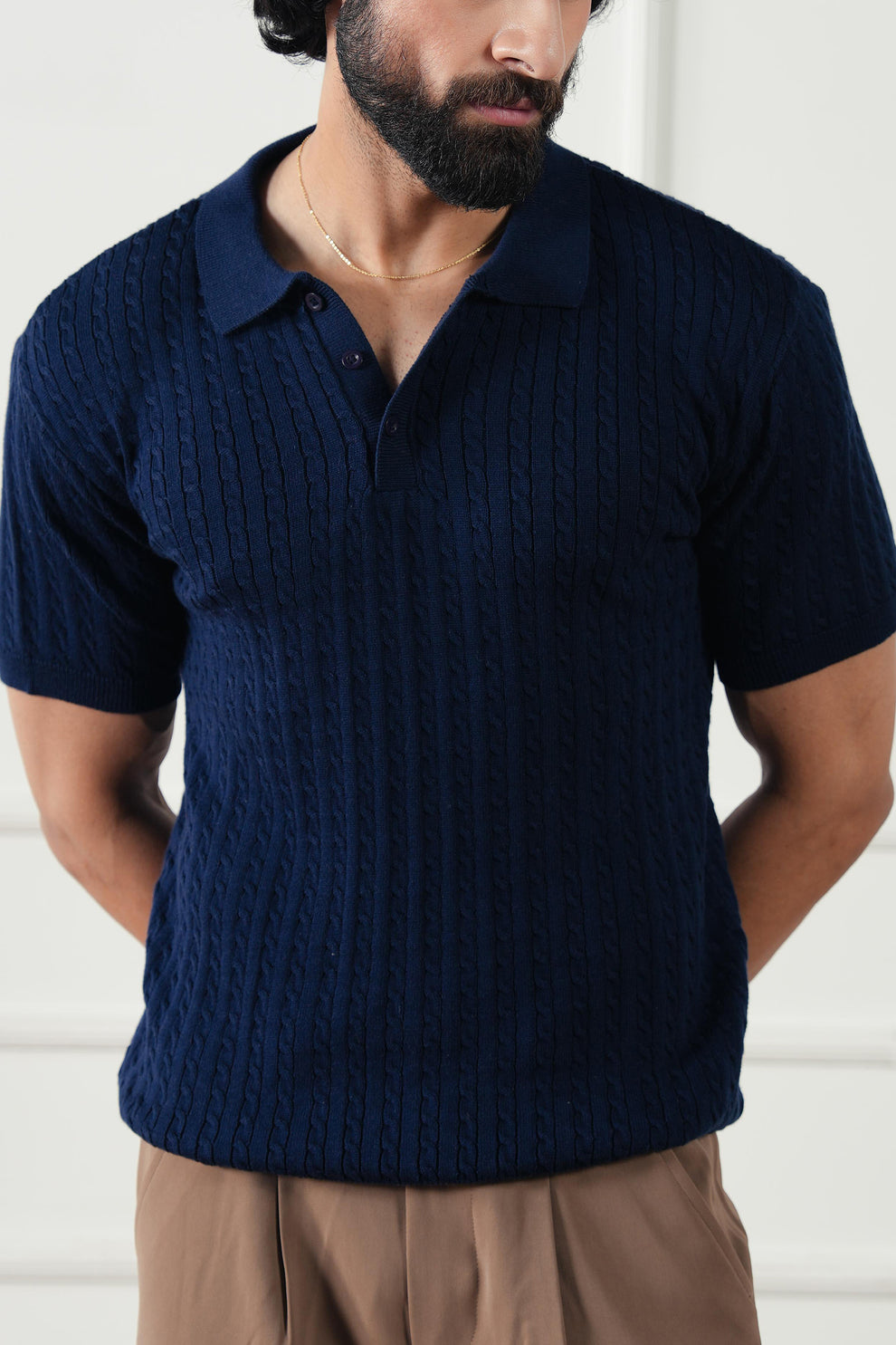 The Cable Knit Polo | Navy Blue Short Sleeve Sweater Shirt | Premium Texture