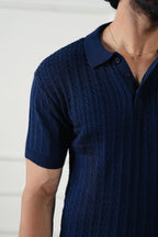 The Cable Knit Polo | Navy Blue Short Sleeve Sweater Shirt | Premium Texture