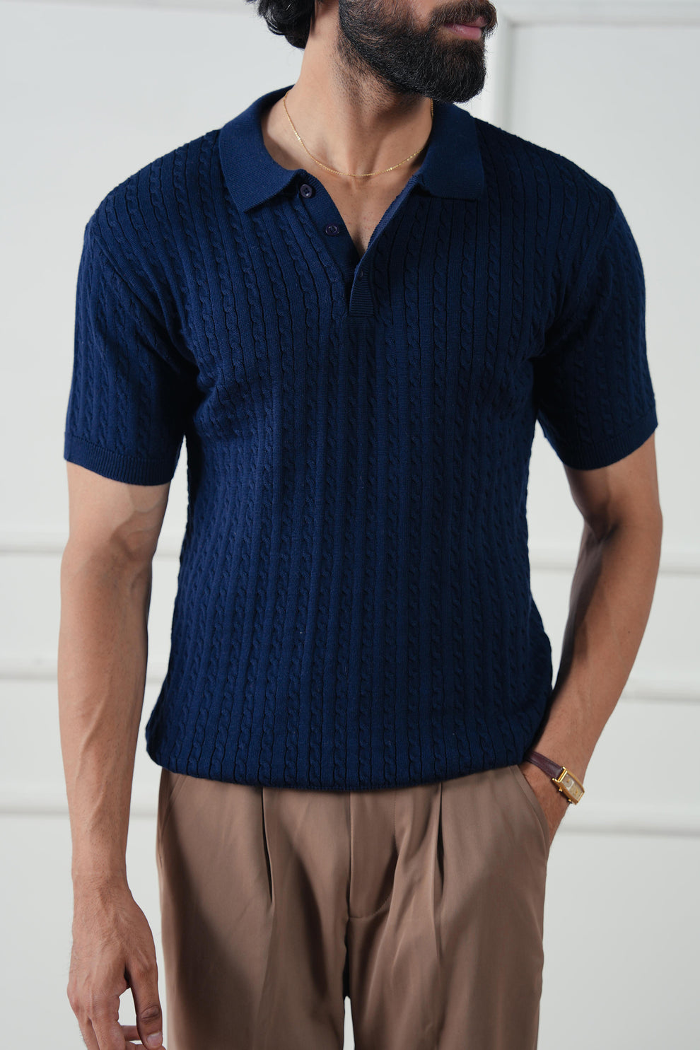 Men's Navy The Cable Knit Polo | Navy Blue Short Sleeve Sweater Shirt | Premium Texture styled with chinos, Harmain Leathers