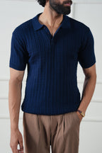 The Cable Knit Polo | Navy Blue Short Sleeve Sweater Shirt | Premium Texture