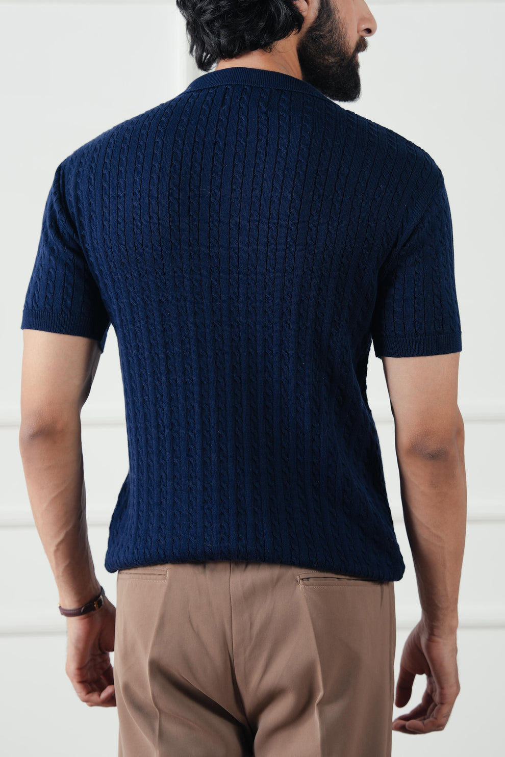 The Cable Knit Polo | Navy Blue Short Sleeve Sweater Shirt | Premium Texture