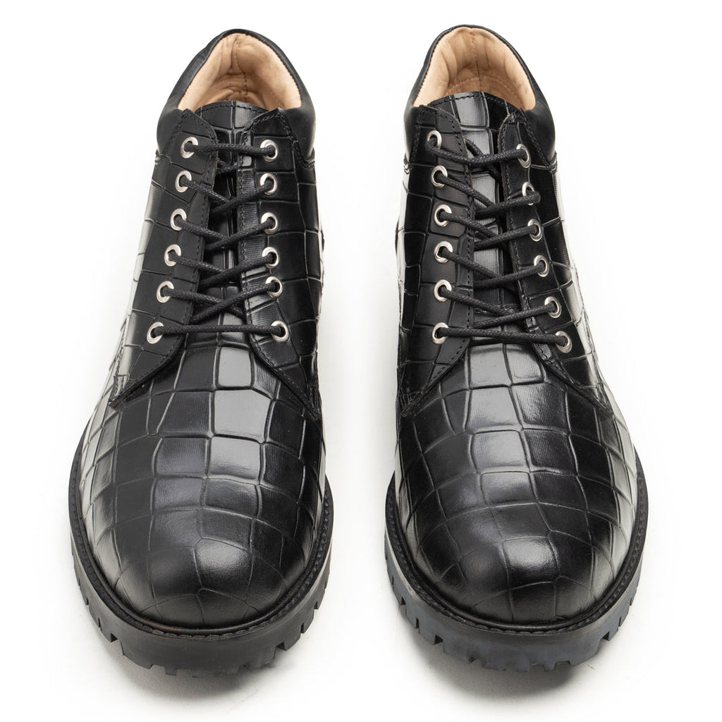 Black Crocodile Embossed Leather Boots