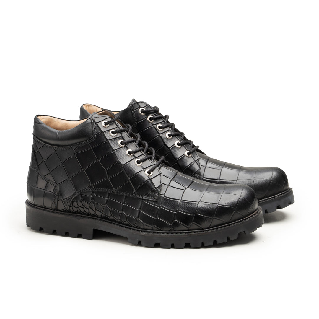 Harmain Leathers Men's Animal Leather Black Crocodile Embossed Leather Boots, front view