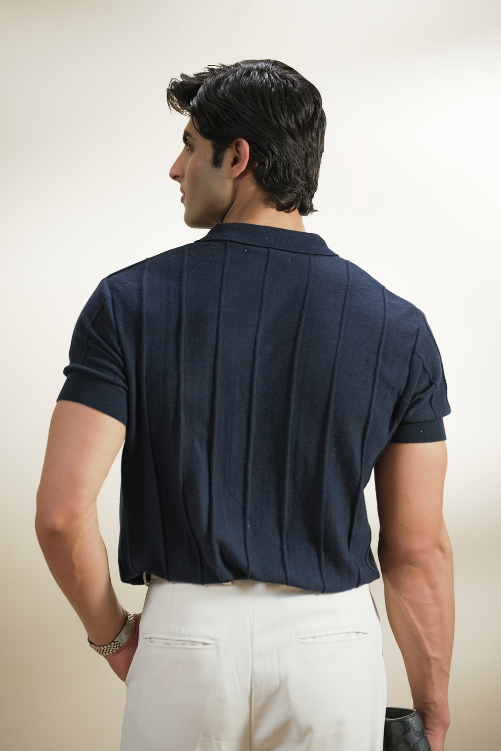 Men's Navy & Brown & Red The Heritage Pintuck Knit Polo styled with chinos, Harmain Leathers