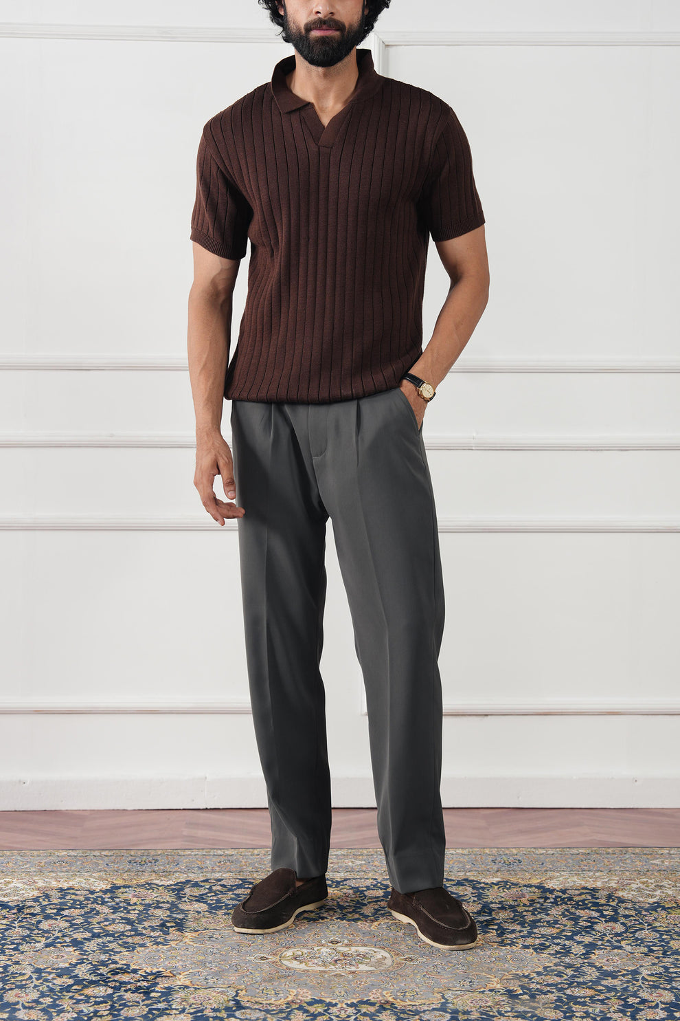 The Resort Ribbed Knit Polo | Open Collar Brown V-Neck Sweater Shirt
