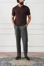 The Resort Ribbed Knit Polo | Open Collar Brown V-Neck Sweater Shirt
