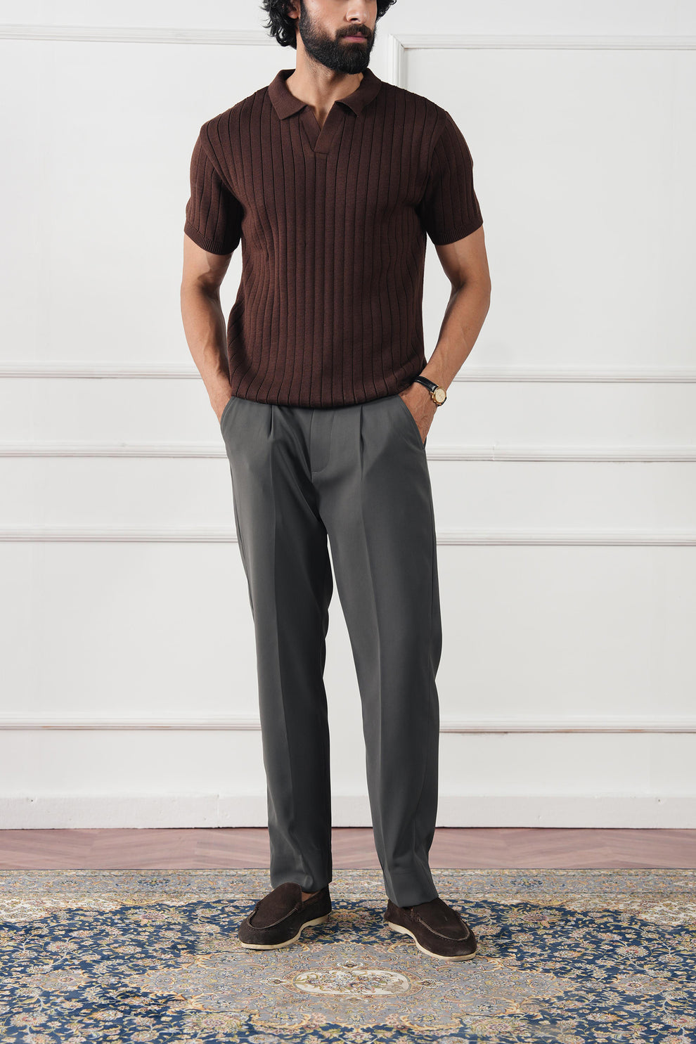 The Resort Ribbed Knit Polo | Open Collar Brown V-Neck Sweater Shirt