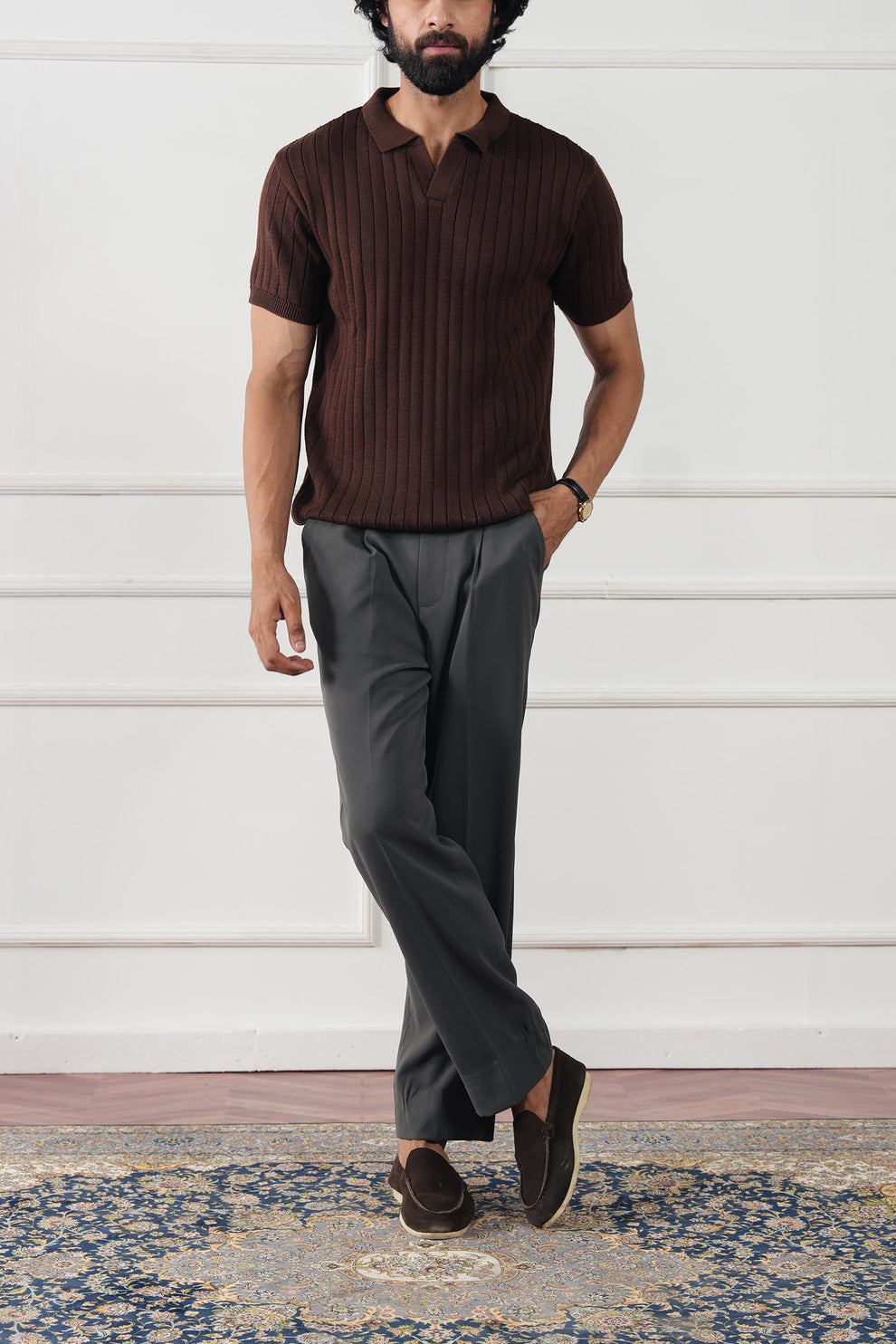 The Resort Ribbed Knit Polo | Open Collar Brown V-Neck Sweater Shirt