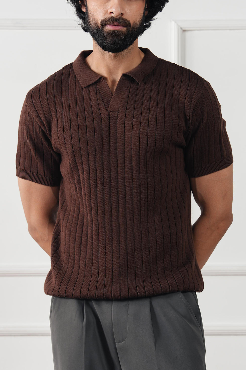 Harmain Leathers Women's Brown & Striped The Resort Ribbed Knit Polo | Open Collar Brown V-Neck Sweater Shirt, front view