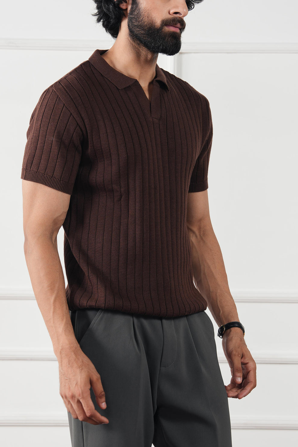The Resort Ribbed Knit Polo | Open Collar Brown V-Neck Sweater Shirt
