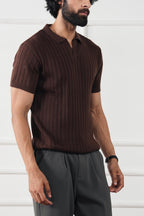 The Resort Ribbed Knit Polo | Open Collar Brown V-Neck Sweater Shirt