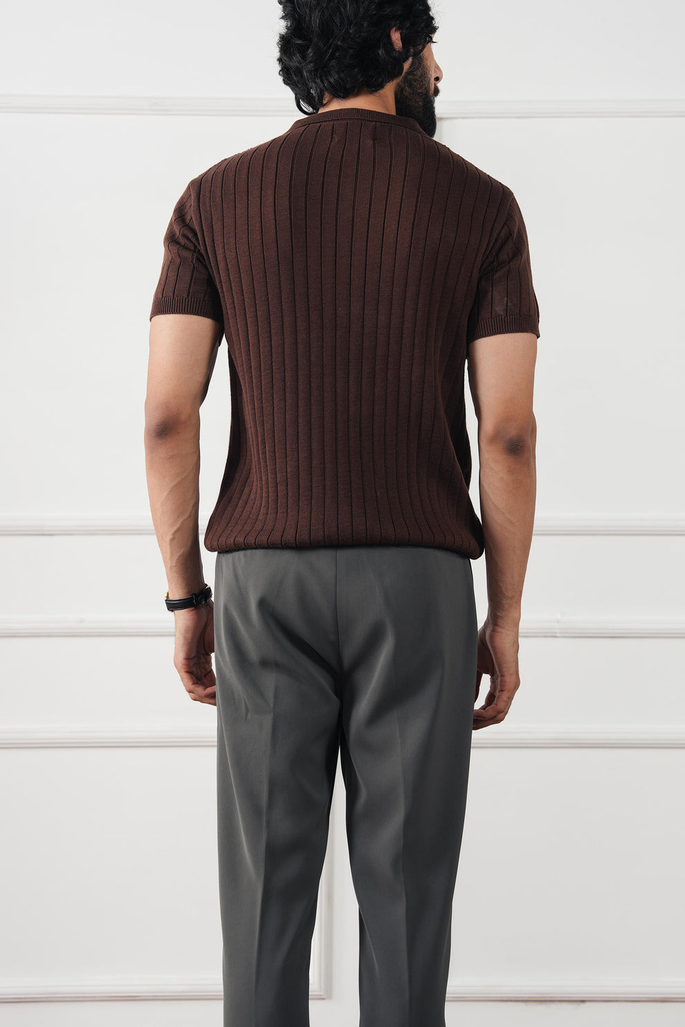 The Resort Ribbed Knit Polo | Open Collar Brown V-Neck Sweater Shirt