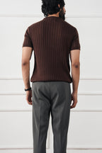 The Resort Ribbed Knit Polo | Open Collar Brown V-Neck Sweater Shirt