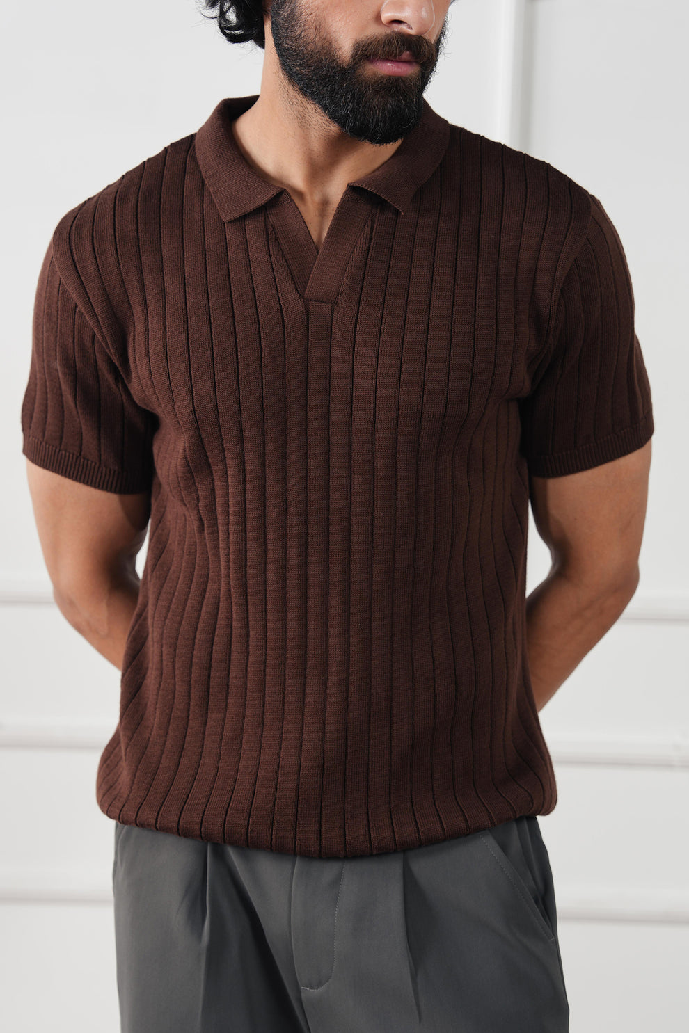 The Resort Ribbed Knit Polo | Open Collar Brown V-Neck Sweater Shirt