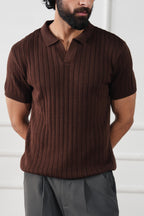 The Resort Ribbed Knit Polo | Open Collar Brown V-Neck Sweater Shirt