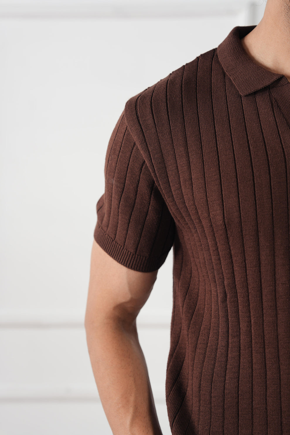 The Resort Ribbed Knit Polo | Open Collar Brown V-Neck Sweater Shirt