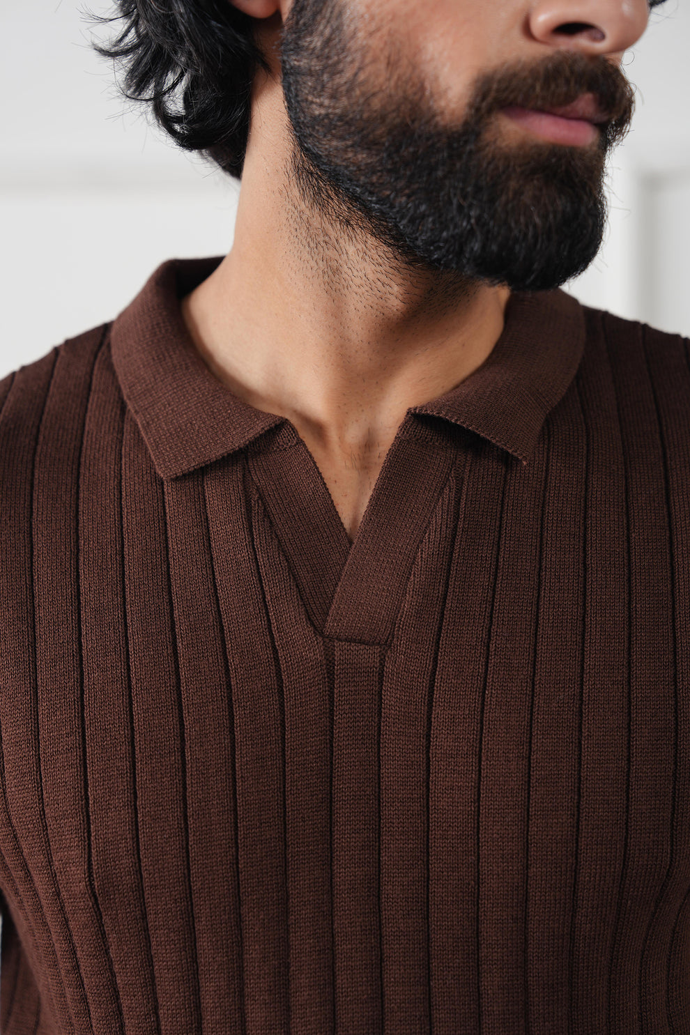 Women's Brown & Striped The Resort Ribbed Knit Polo | Open Collar Brown V-Neck Sweater Shirt styled with chinos, Harmain...