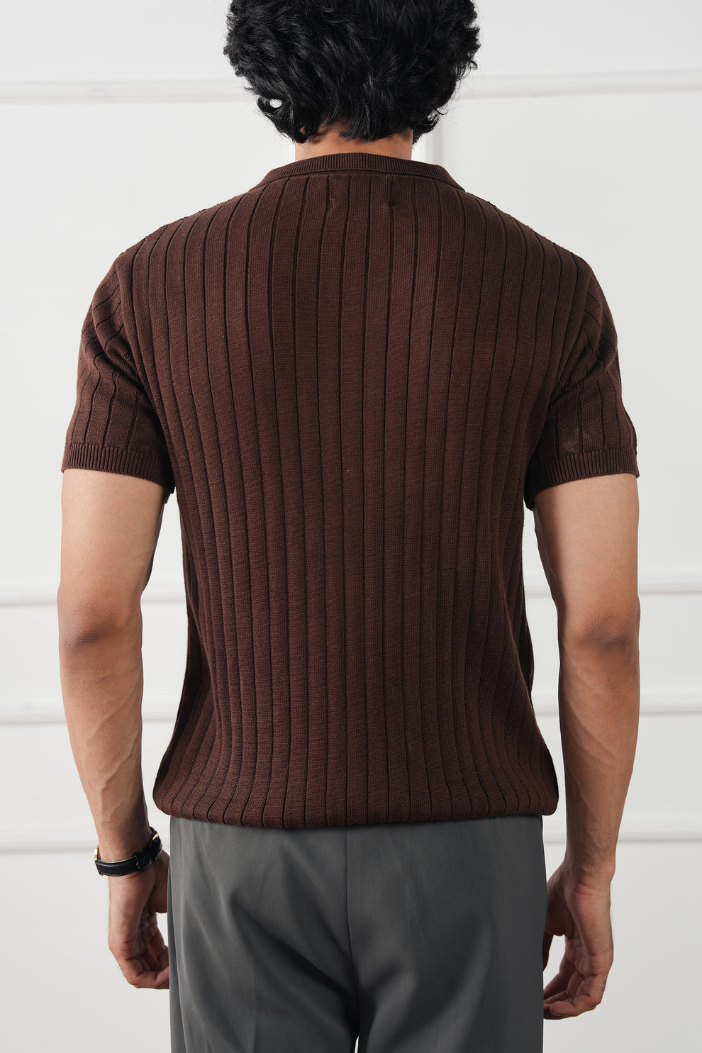 The Resort Ribbed Knit Polo | Open Collar Brown V-Neck Sweater Shirt