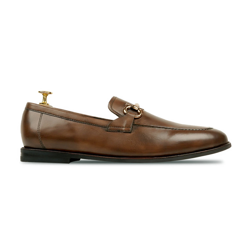 Side profile of Harmain Leathers Men's Brown Leather Brown Leather Horsebit Loafers