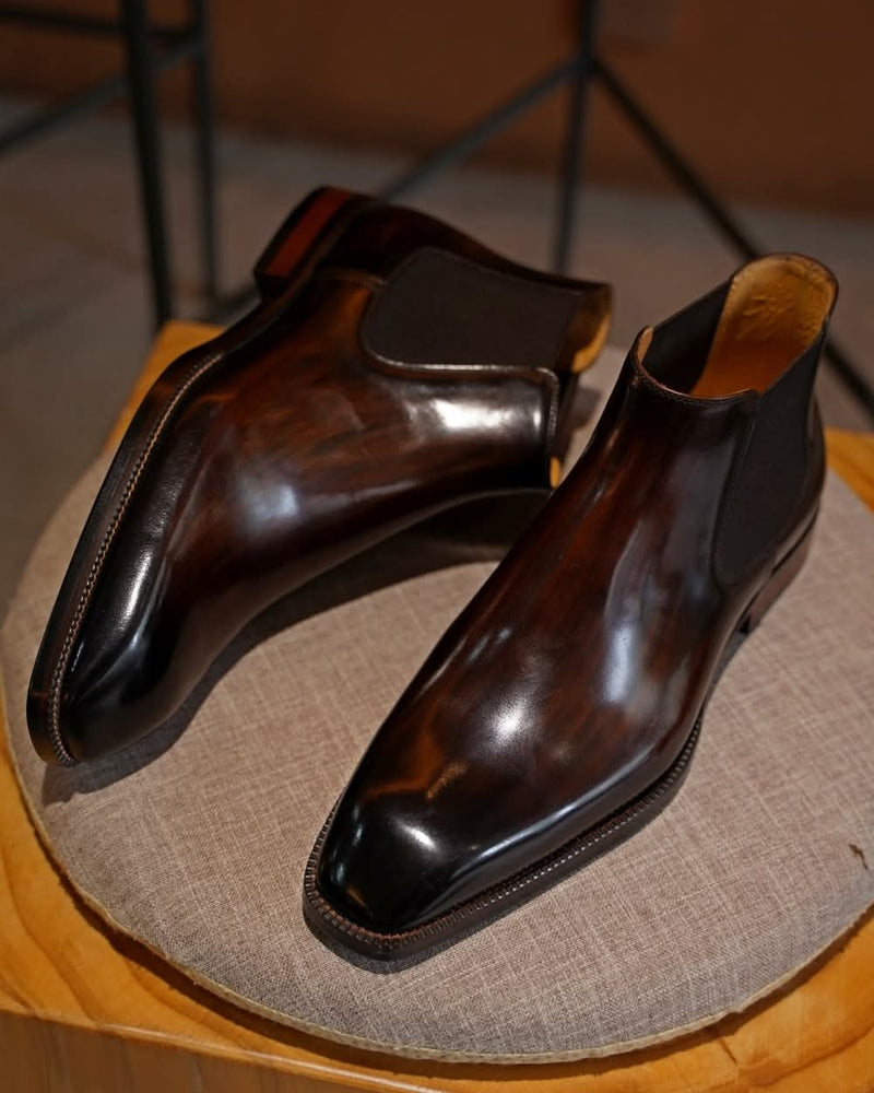 Harmain Leathers Men's Brown Leather Patina Leather Chelsea Boots, front view, genuine leather craftsmanship