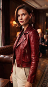 Cropped Crocodile-Embossed Leather Biker Jacket in Burgundy