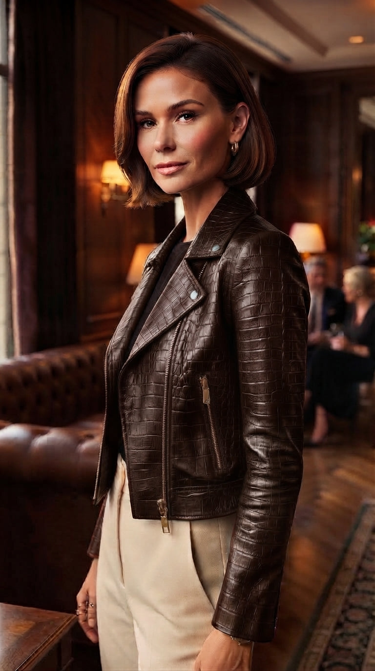 Cropped Croc-Embossed Leather Jacket in Brown | Luxury Outerwear