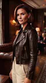 Cropped Croc-Embossed Leather Jacket in Brown