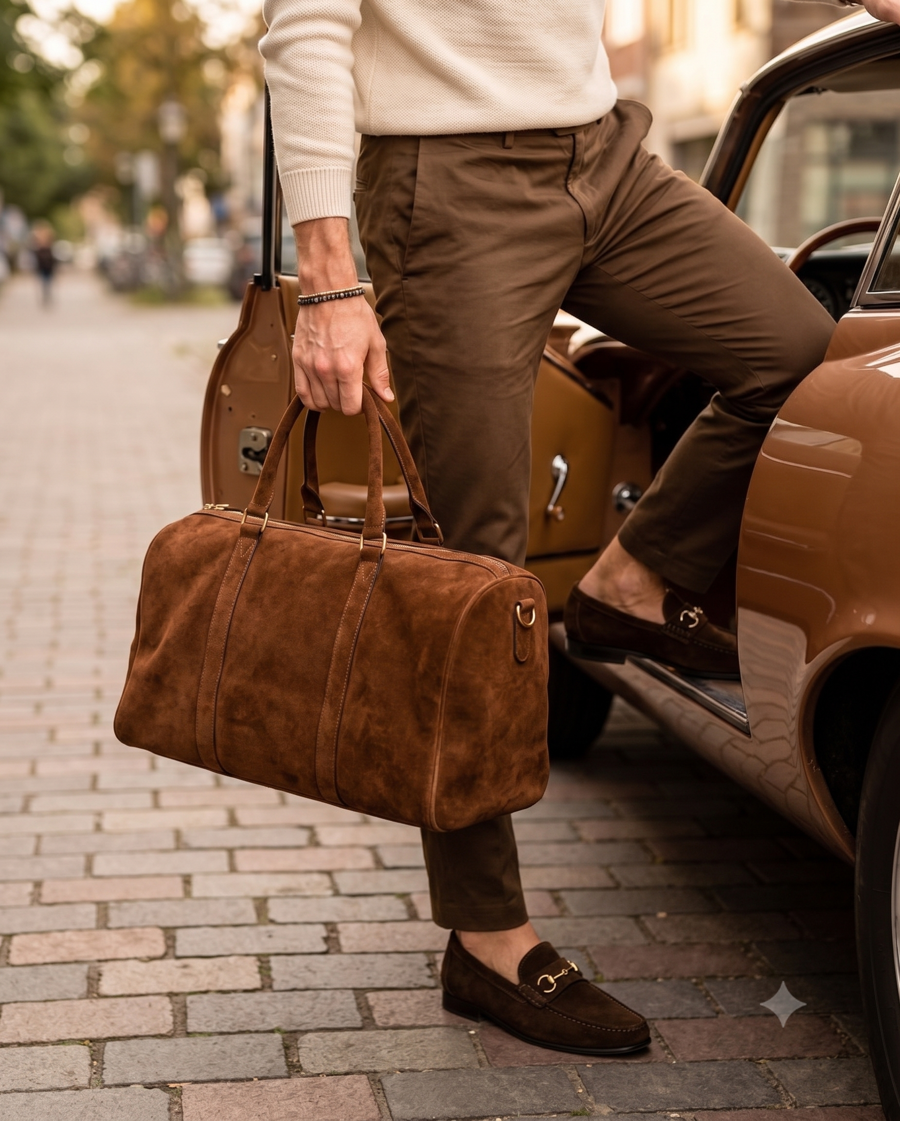 Side profile of Harmain Leathers Unisex Brown Suede And  Leather Dark Brown Suede Horsebit Loafers.