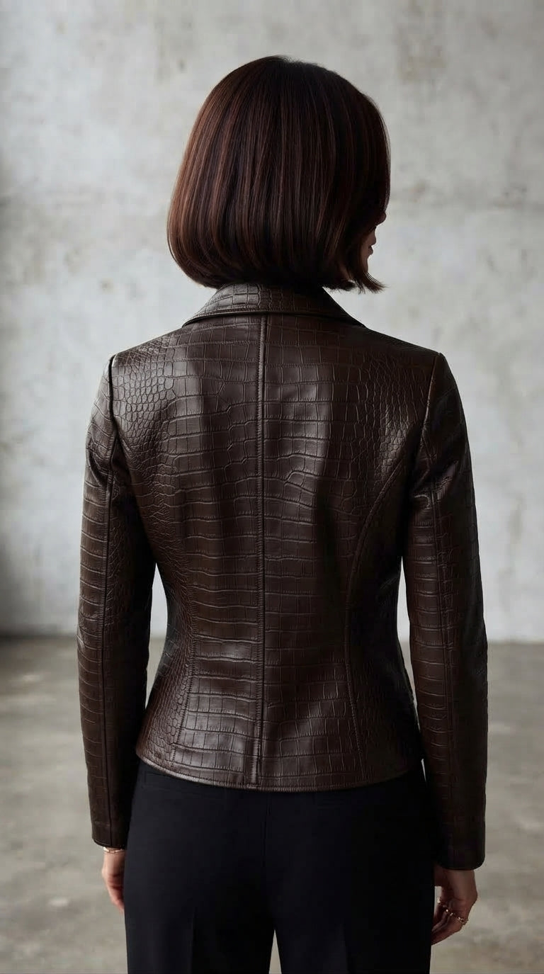 Cropped Croc-Embossed Leather Jacket in Brown | Luxury Outerwear
