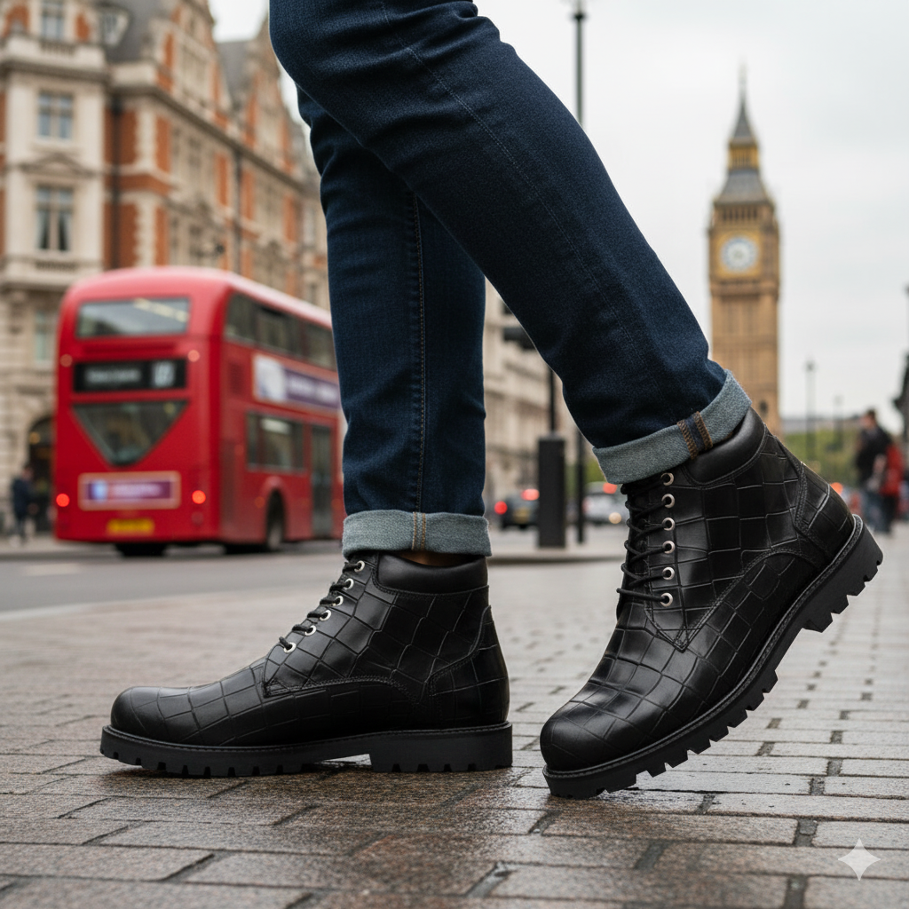 Men's Animal Black Crocodile Embossed Leather Boots styled with denim, Harmain Leathers