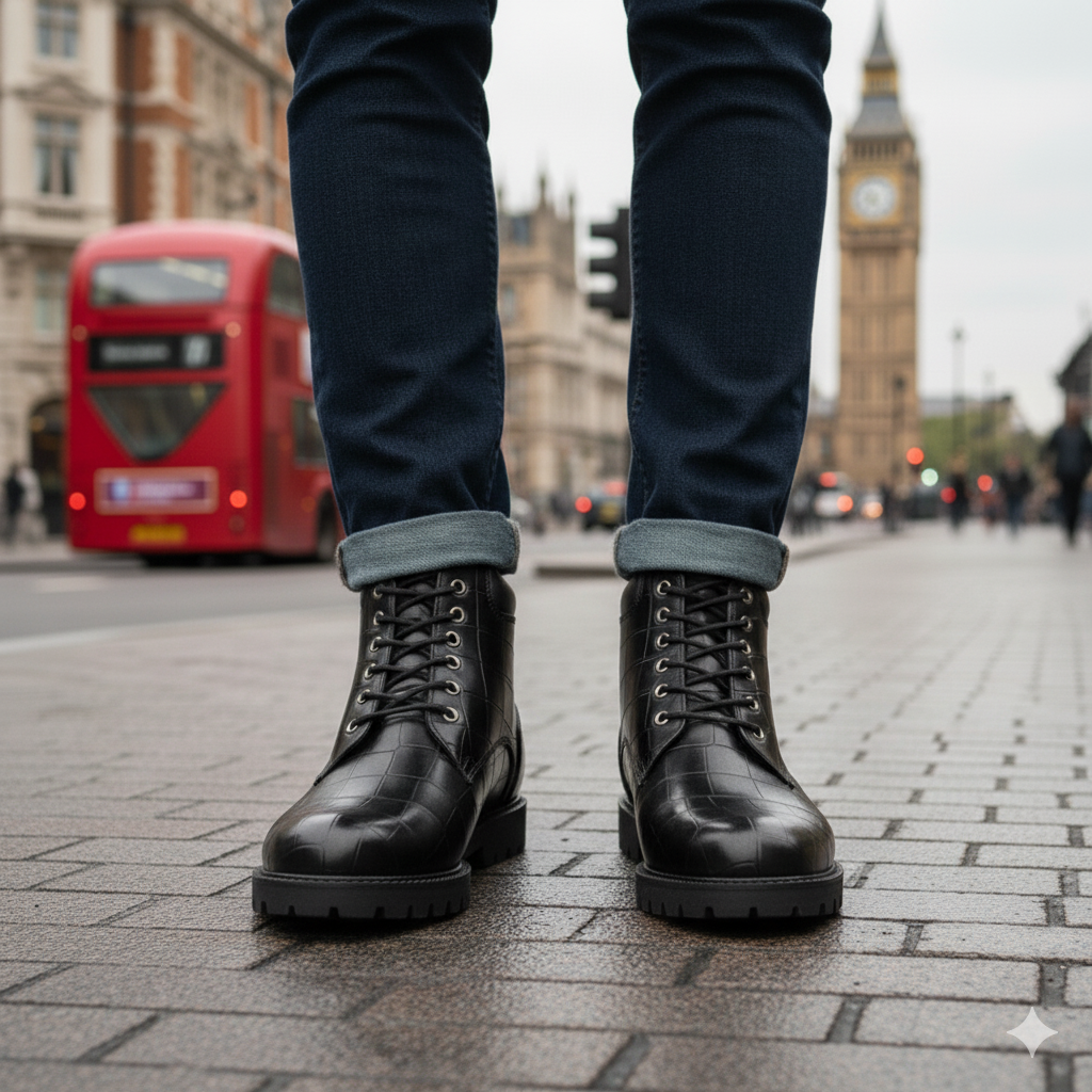 Black Crocodile Embossed Leather Boots