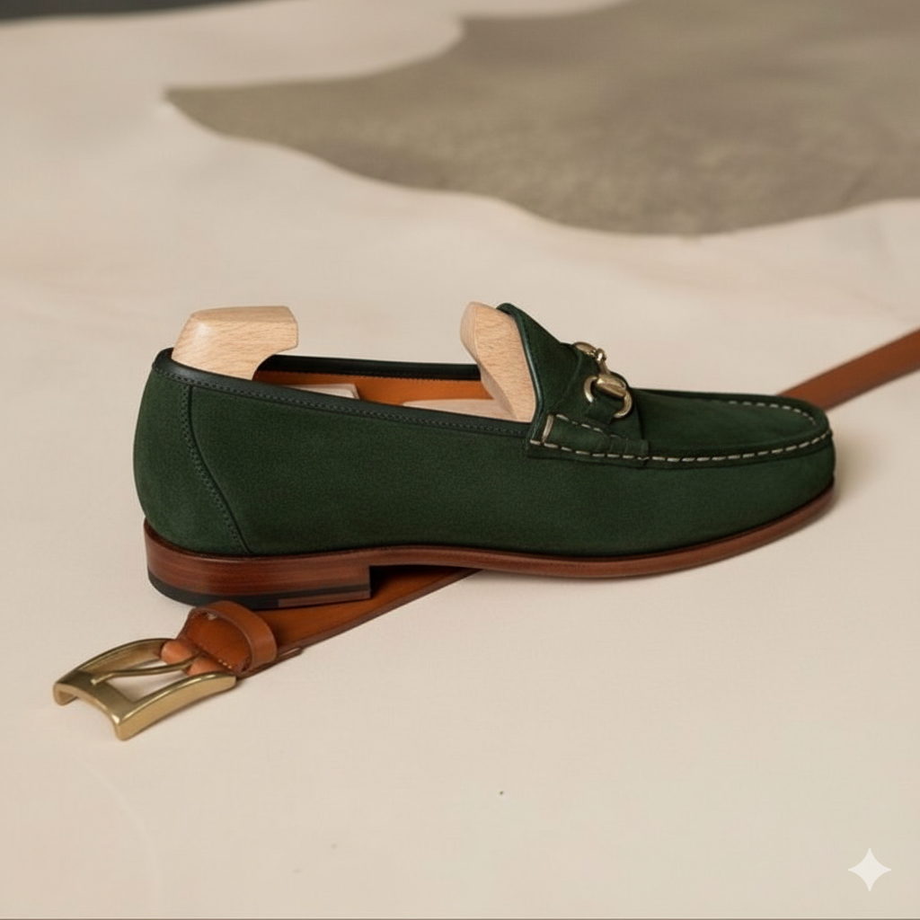 Men's Green Green Suede Horsebit Loafers styled for casual wear, Harmain Leathers