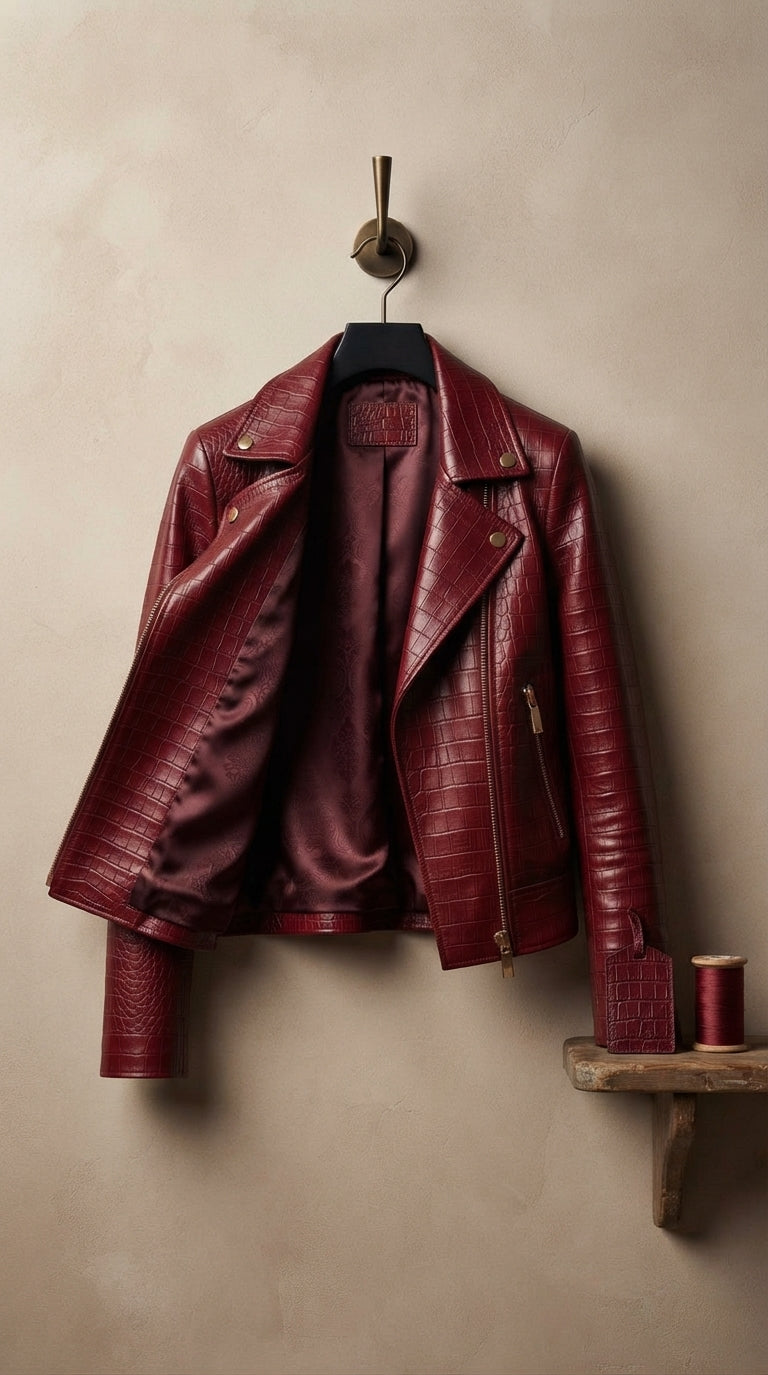 Women’s Cropped Crocodile-Embossed Leather Biker Jacket in Burgundy