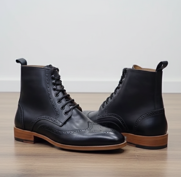 Harmain Leathers Men's Black Leather Handcrafted Black Leather Wingtip Brogue Boots, front view