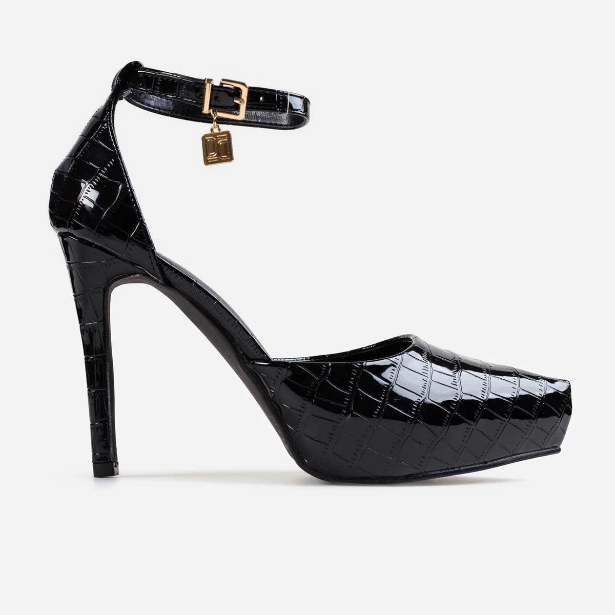Hologlam women's black croc-embossed platform stiletto pump with ankle strap