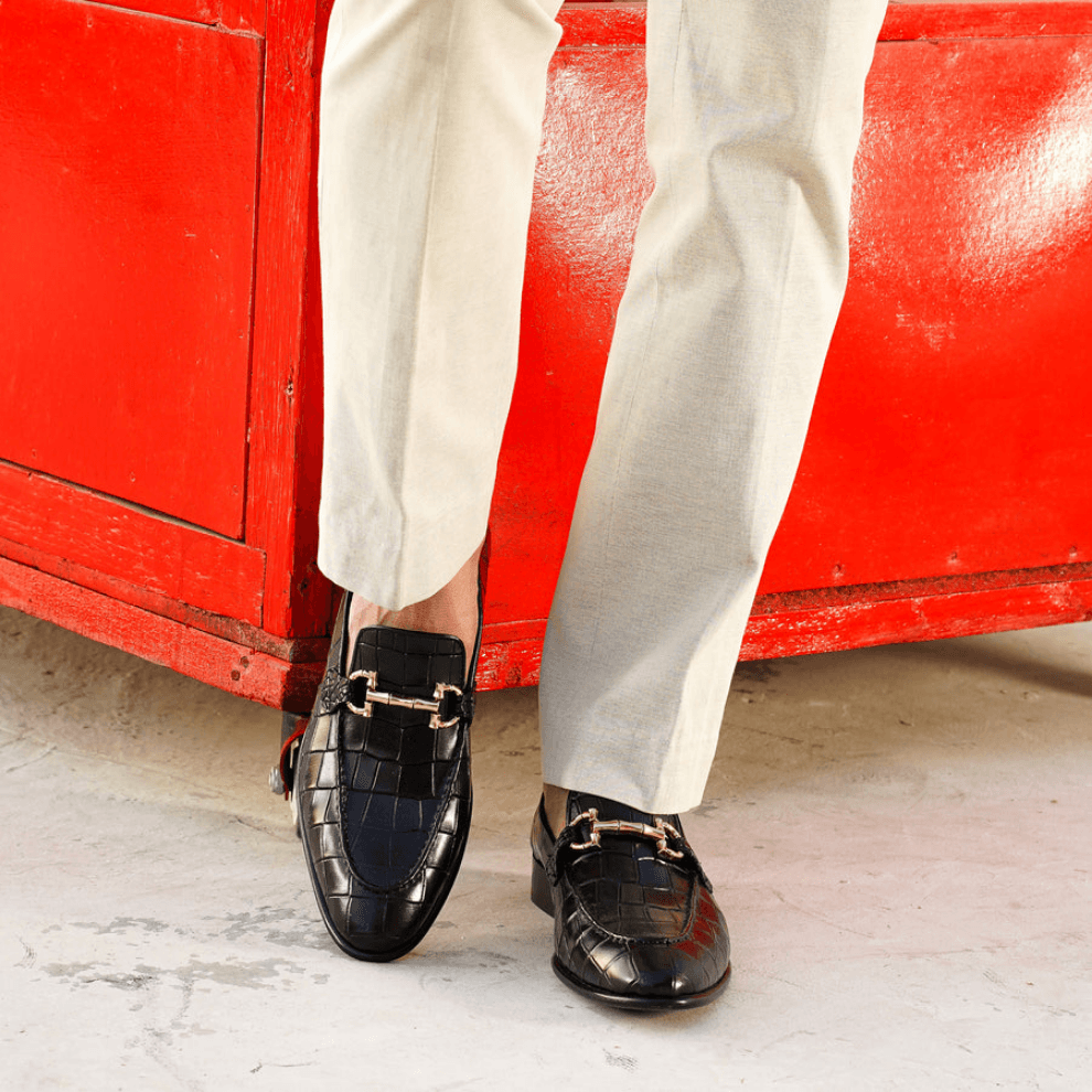 Black Crocodile-Embossed Leather Loafers