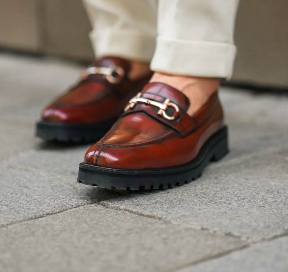 Harmain Leathers Men's Brown & Red Leather Jesse, front view, genuine leather craftsmanship