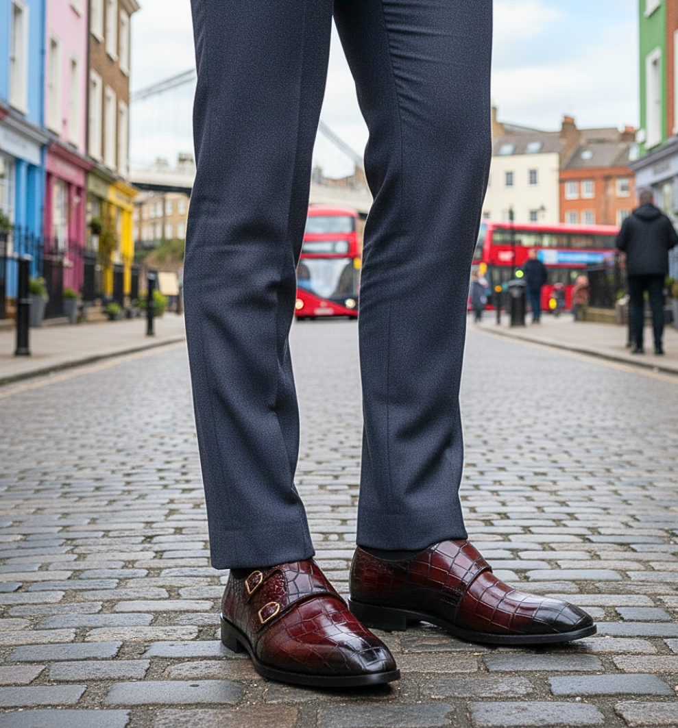 Burgundy Croc Monk Strap Shoes – Handcrafted Luxury for Men