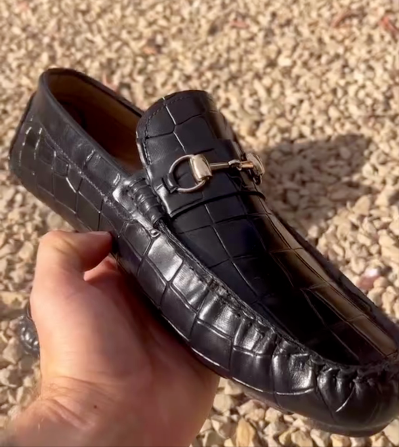 Harmain Leathers Unisex Black Faux-Leather Harmain Black Croc Loafers, front view