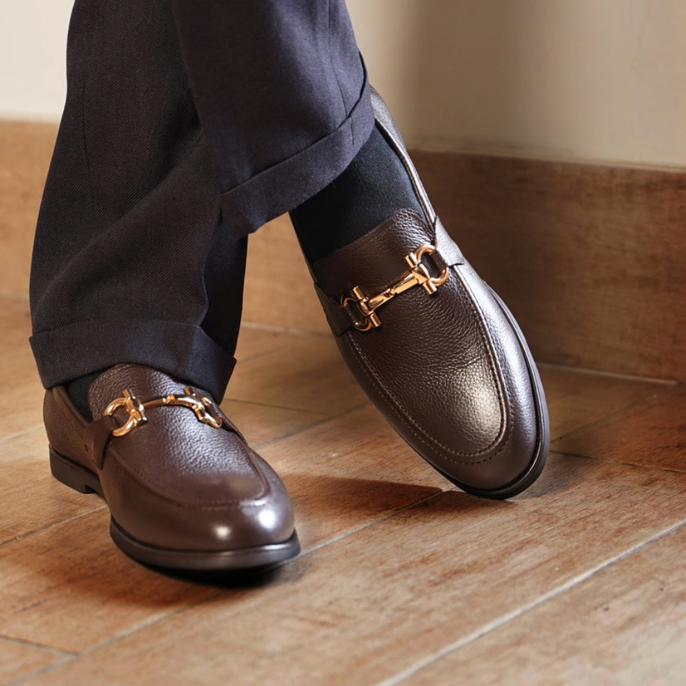 Dark Brown Pebble Grain Horsebit Loafers