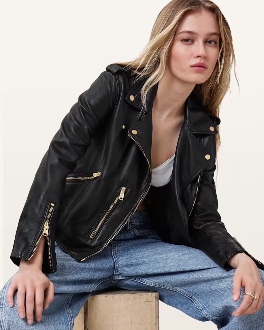 Black Genuine Leather Biker Jacket with Gold Zips