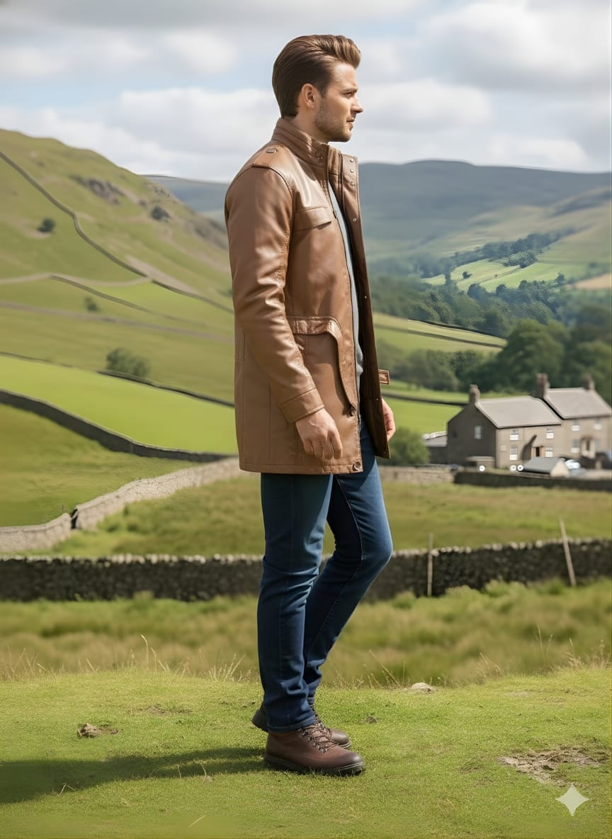 Men's Brown Heritage Tan Leather Jacket | Calfskin | Harmain Uk styled open over an outfit, Harmain Leathers