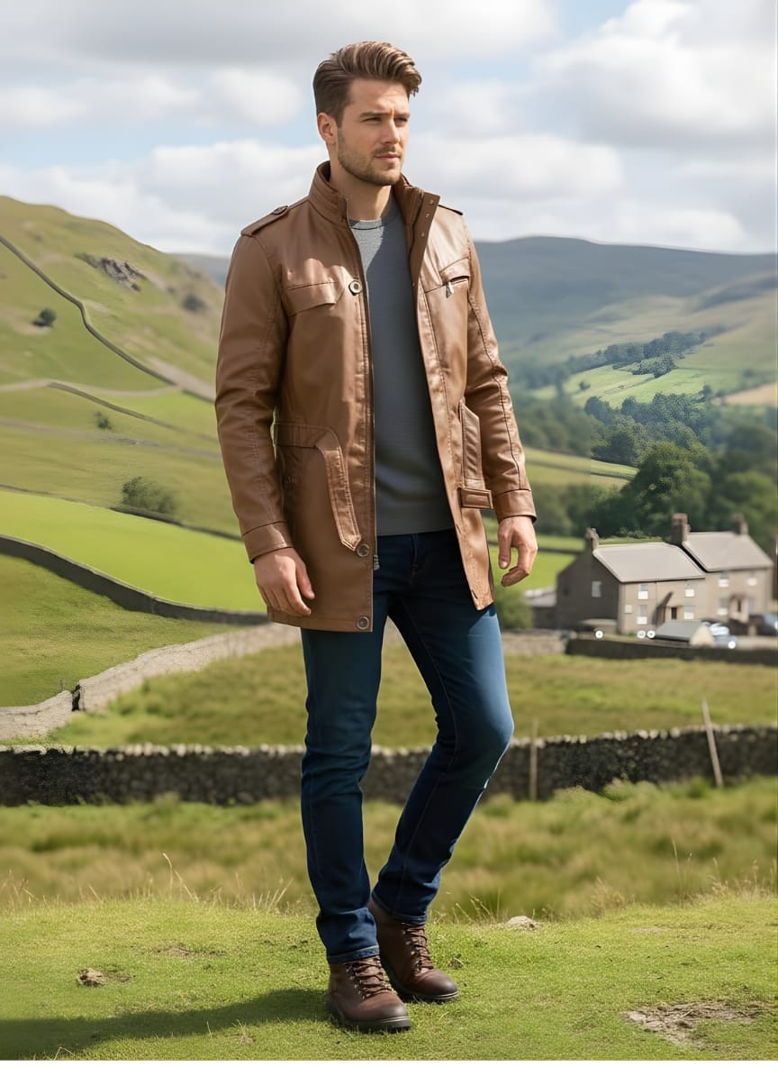 Harmain Leathers Men's Brown Leather Heritage Tan Leather Jacket | Calfskin | Harmain Uk, front view