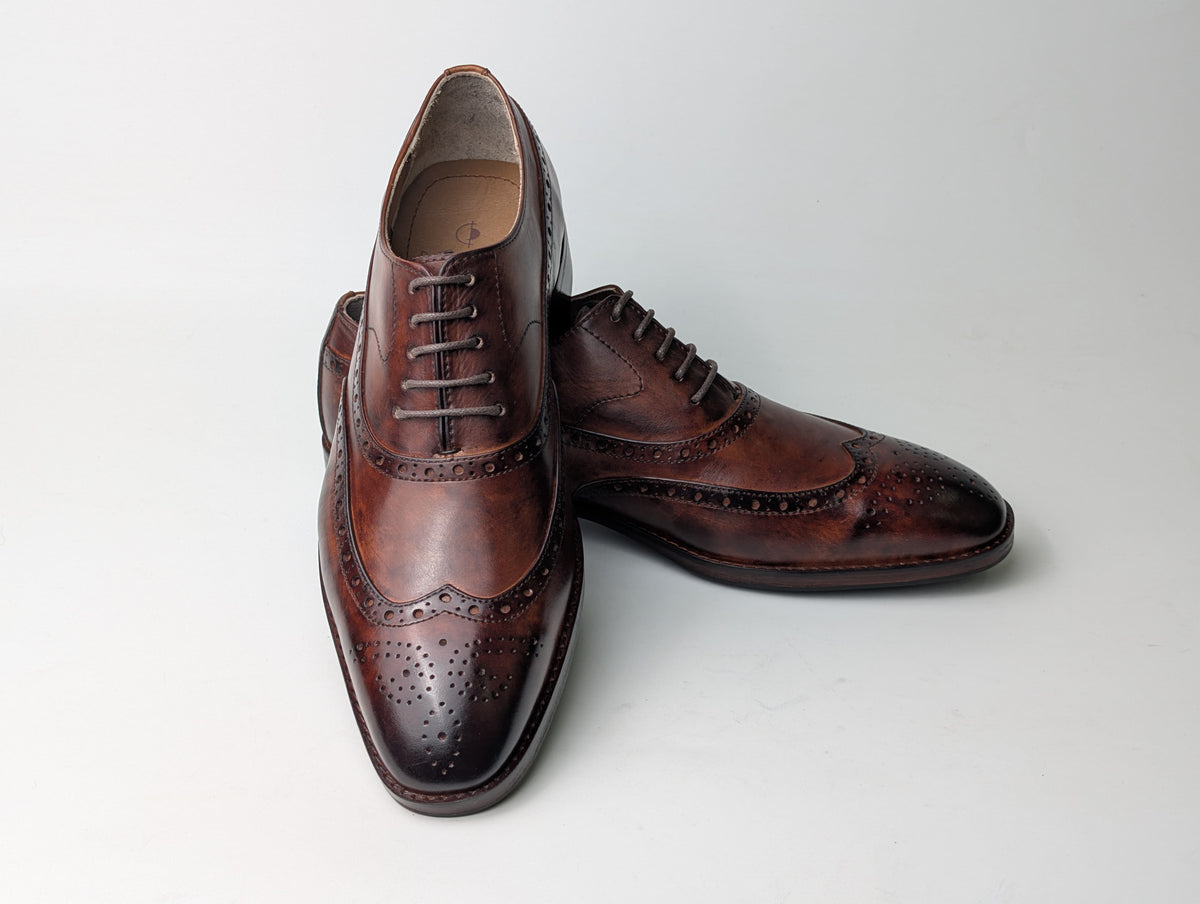 Men's Brown Harmain Leathers | Hand-Burnished Mahogany Wingtip Oxfords styled for dress wear, Harmain Leathers