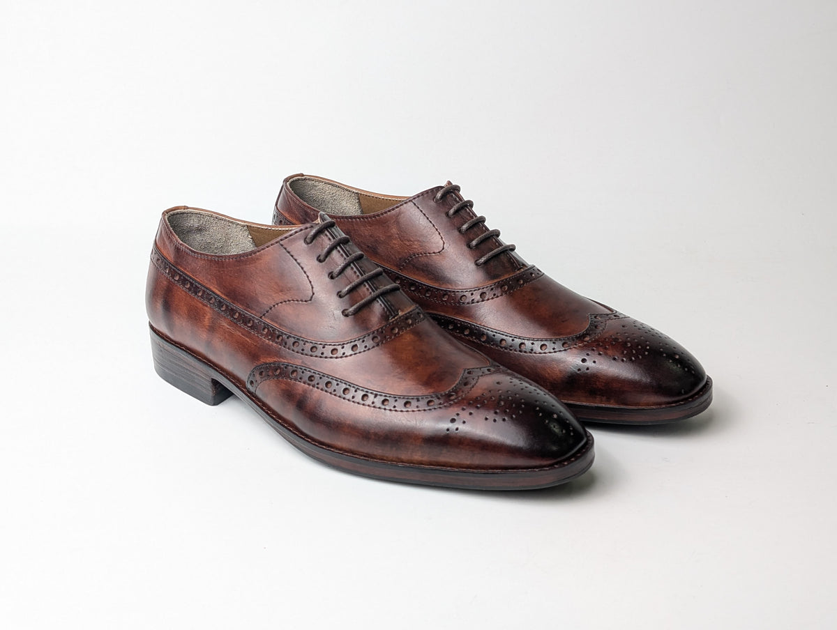 Harmain Leathers Men's Brown Leather Harmain Leathers | Hand-Burnished Mahogany Wingtip Oxfords, front view