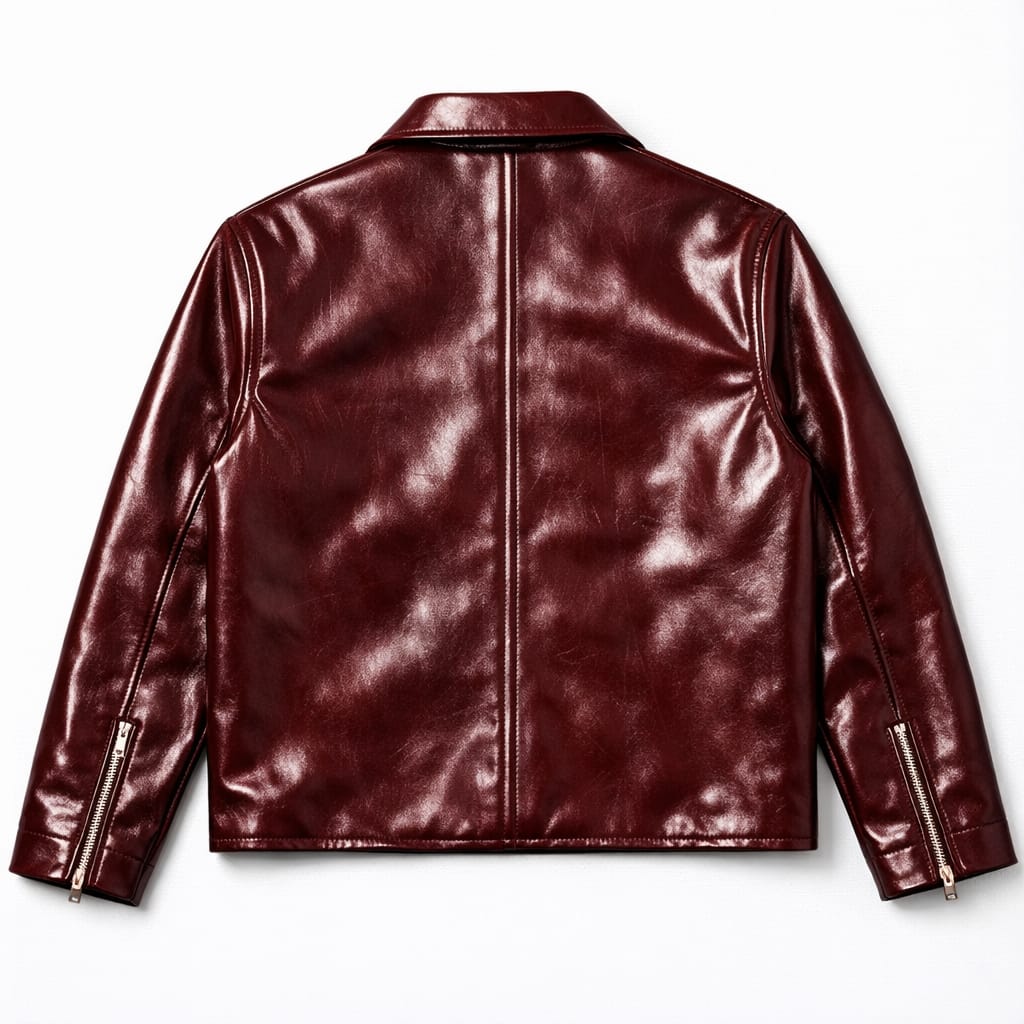 Men's burgundy leather Harrington jacket styled with tailored trousers, Harmain Leathers
