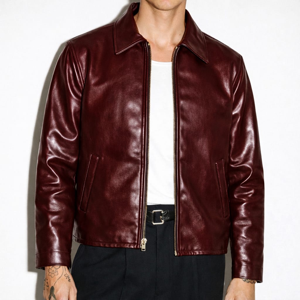 Harmain Leathers men's deep burgundy full grain leather Harrington jacket, front view